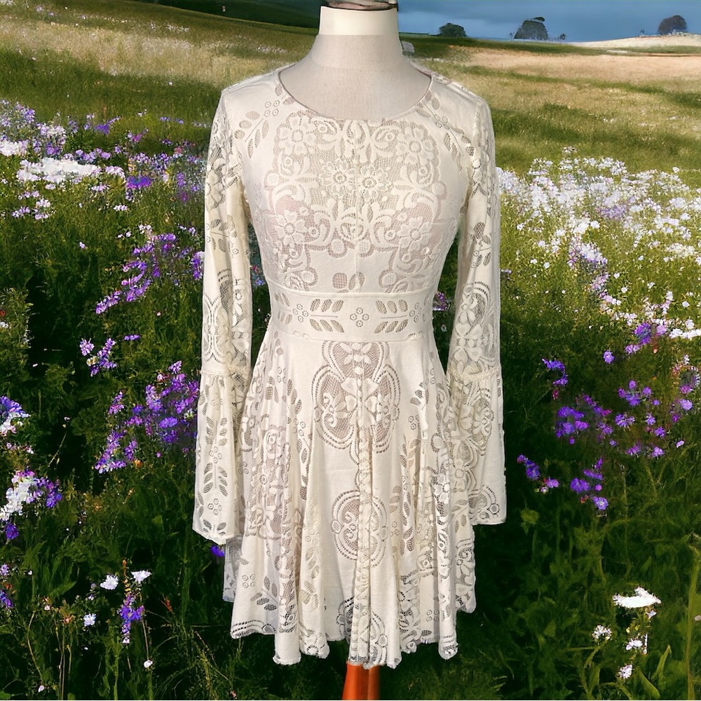Free People Cream Lace Fit-and-Flare Dress